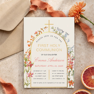 Girl First Communion Wildflowers Gold Arch Floral Invitation