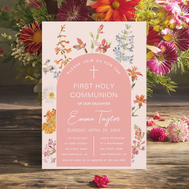 Girl First Communion Wildflowers Pink Arch Floral  Invitation (Creator Uploaded)