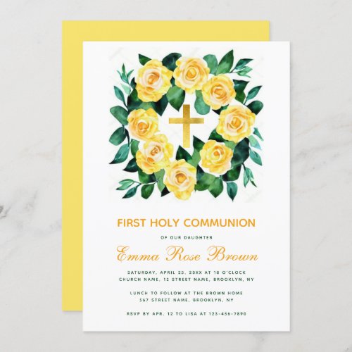 Girl First Communion Yellow Roses Wreath Floral Invitation