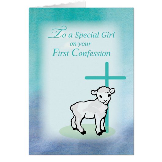 Girl First Confession, Lamb, Cross, on Teal Cards (Front)