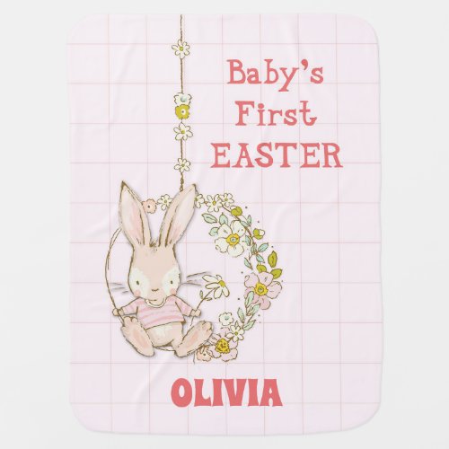 Girl First Easter Bunny on Flower Swing Baby Blanket