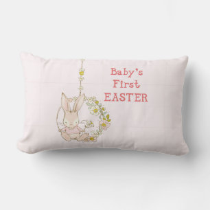 Girl First Easter Bunny on Flower Swing Lumbar Pillow