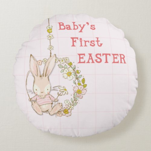Girl First Easter Bunny on Flower Swing Round Pillow