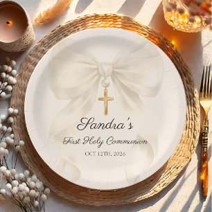 Girl First Holy Communion Bow Paper Plate