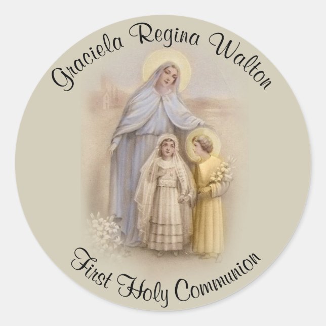 Girl First Holy Communion Catholic Remembrance Classic Round Sticker (Front)