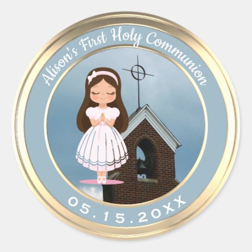 Girl First Holy Communion Church Gold Classic Round Sticker