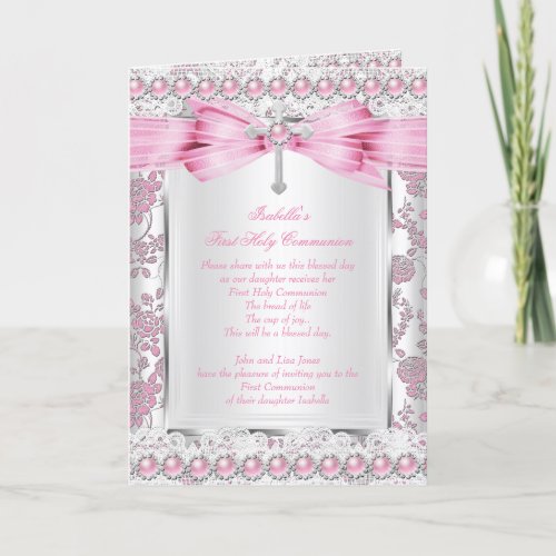 Girl First Holy Communion Cross Damask Pink Silver Invitation