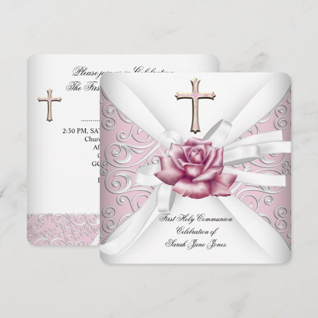 Girl First Holy Communion Damask Pink Rose White 2 Invitation (Front/Back)
