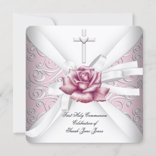 Girl First Holy Communion Damask Pink Rose White Invitation