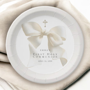 Girl First Holy Communion Elegant Ivory Bow Paper Plates
