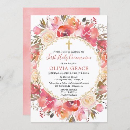 Girl First Holy Communion Floral Coral blush pink Invitation