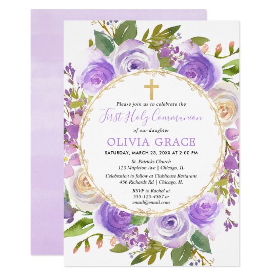 Girl First Holy Communion Floral Purple lavender Invitation | Zazzle.com