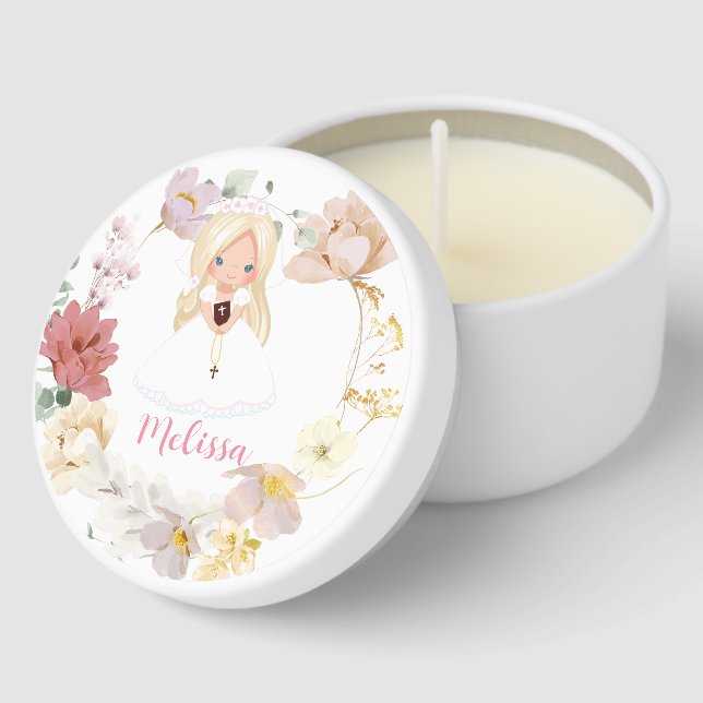 Girl First Holy Communion Floral Wreath long hair Mini Candle Favors (Corner)