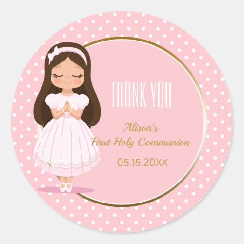 Girl First Holy Communion Gold Pink Polka Dots Classic Round Sticker