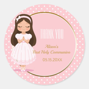 Girl First Holy Communion Gold Pink Polka Dots Classic Round Sticker
