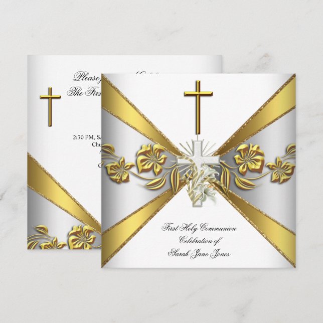 Girl First Holy Communion Gold White Floral 2 Invitation (Front/Back)