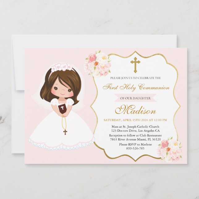 Girl First Holy Communion Invitation Elegant Cute (Front)