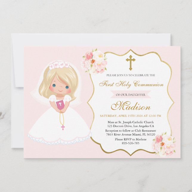 Girl First Holy Communion Invitation Soft Pink (Front)