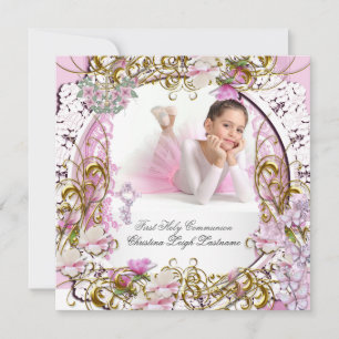 Girl First Holy Communion Lace Pink Gold Photo Invitation
