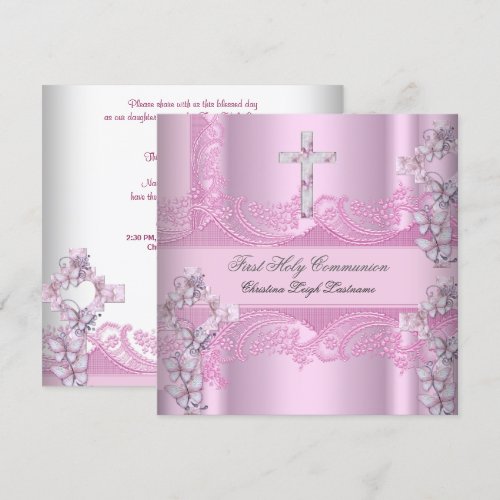 Girl First Holy Communion Lace Pink Invitations