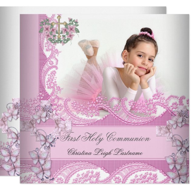 Girl First Holy Communion Lace Pink Photo Card
