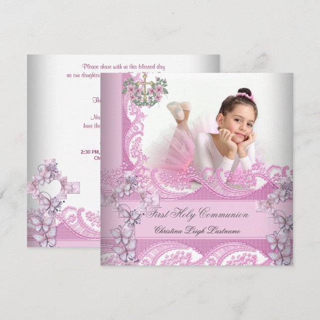 Girl First Holy Communion Lace Pink Photo Invitation (Front/Back)