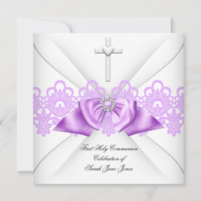 Girl First Holy Communion Lilac Lace Bow White Invitation (Front)