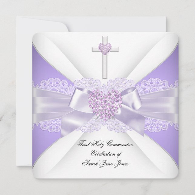 Girl First Holy Communion Lilac Lace Heart 3 Invitation (Front)