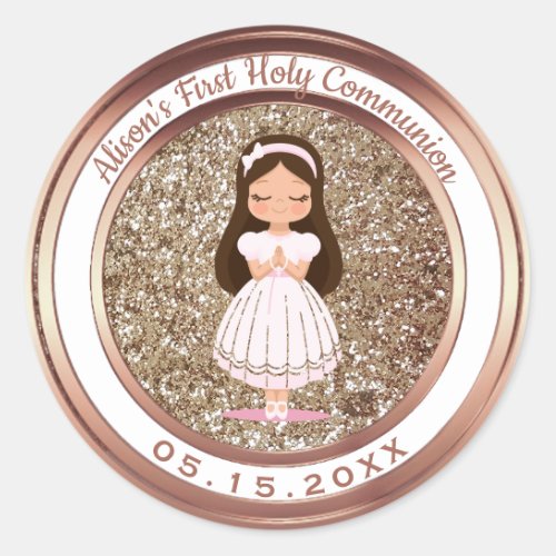 Girl First Holy Communion Metallic and Glitter Classic Round Sticker