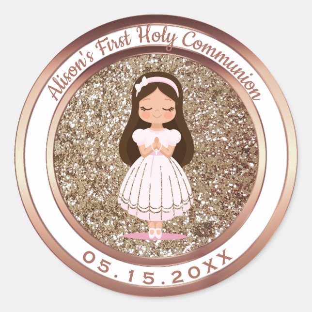 Girl First Holy Communion Metallic and Glitter Classic Round Sticker (Front)