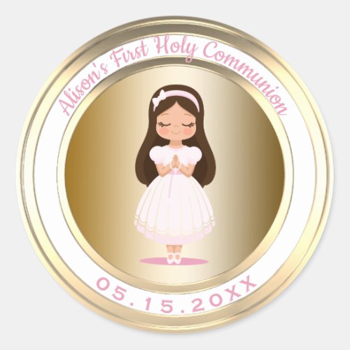 Girl First Holy Communion Metallic Gold and Pink Classic Round Sticker
