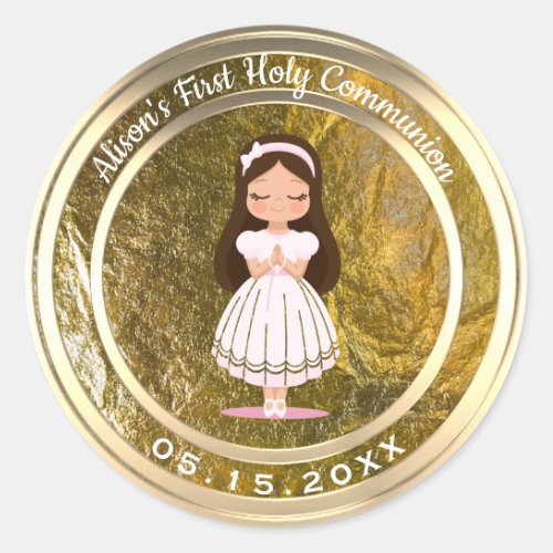 Girl First Holy Communion Metallic Gold Foil Look Classic Round Sticker