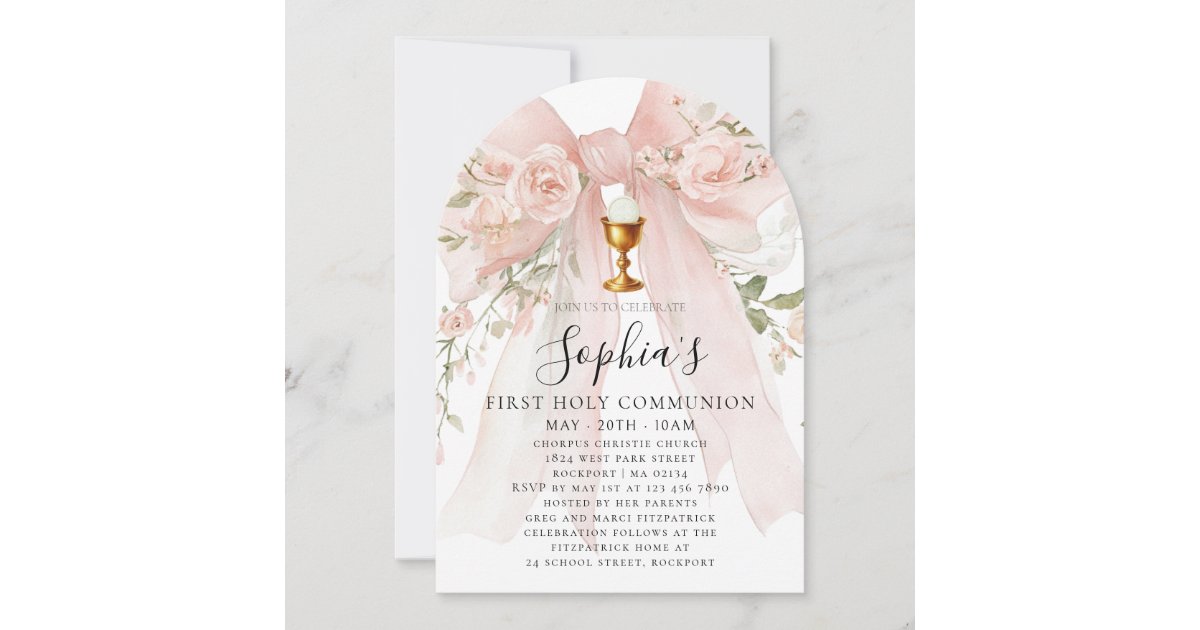 Girl First Holy Communion Pink Bow Roses Arch Invitation | Zazzle