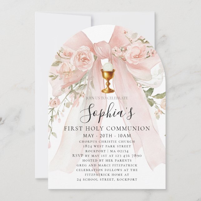 Girl First Holy Communion Pink Bow Roses Arch Invitation (Front)