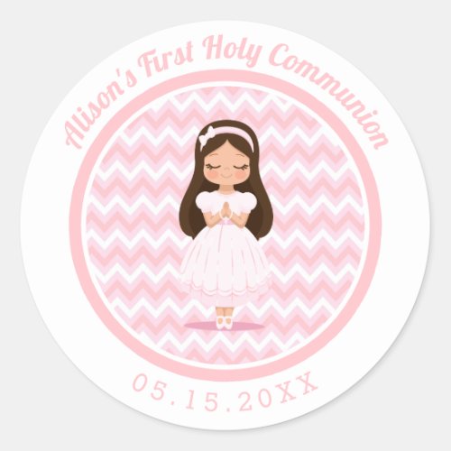 Girl First Holy Communion Pink Chevrons Classic Round Sticker