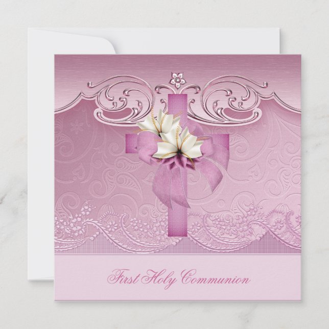 Girl First Holy Communion Pink cross Invitation (Front)