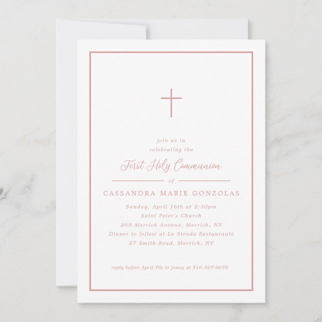 Girl First Holy Communion Pink Cross Simple Frame Invitation (Front)