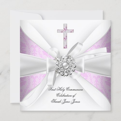 Girl First Holy Communion Pink Damask White Silver Invitation