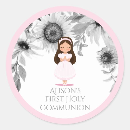 Girl First Holy Communion Pink Flowers Classic Round Sticker