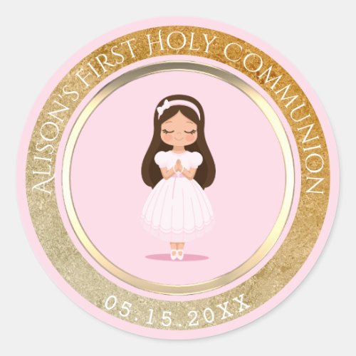 Girl First Holy Communion Pink Gold Classic Round Sticker