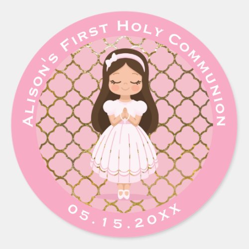Girl First Holy Communion Pink Gold Classic Round Sticker