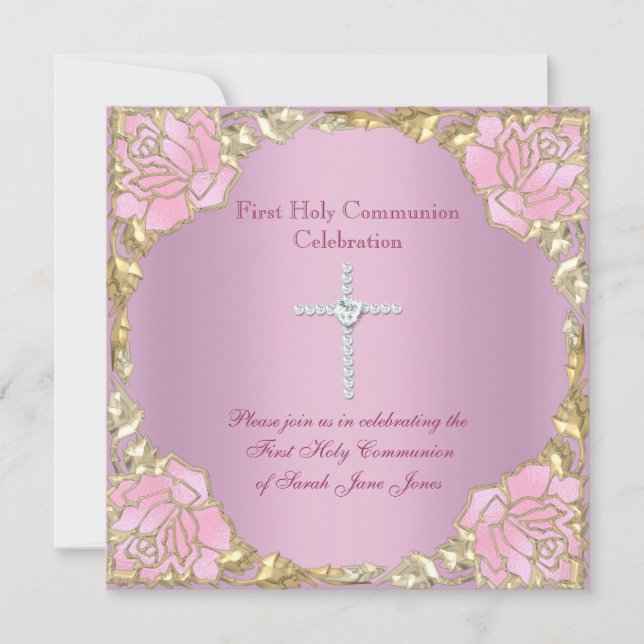 Girl First Holy Communion Pink Gold Silver Cross 2 Invitation (Front)