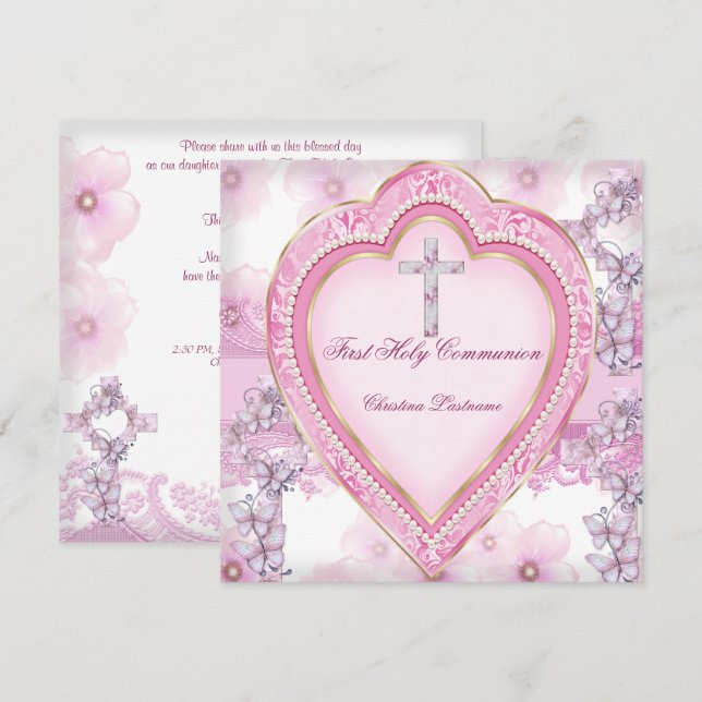 Girl First Holy Communion Pink Heart Invitation (Front/Back)