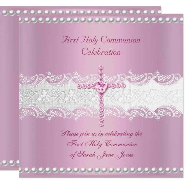 Girl First Holy Communion Pink Lace Pink Pearl Invitation | Zazzle.com