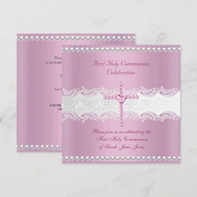 Girl First Holy Communion Pink Lace Pink Pearl Invitation (Front/Back)