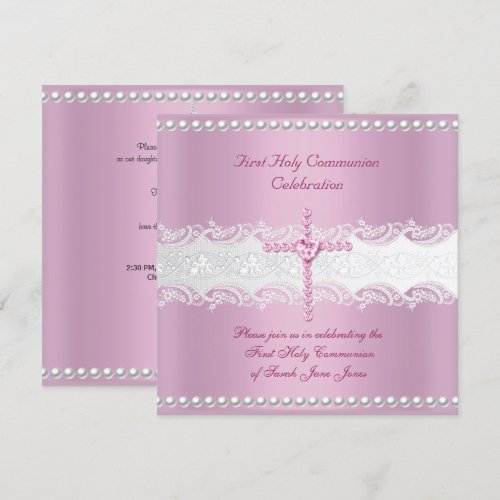 Girl First Holy Communion Pink Lace Pink Pearl Custom Announcement