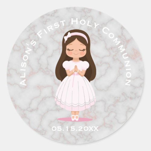 Girl First Holy Communion Pink Marble Classic Round Sticker