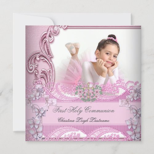 Girl First Holy Communion Pink Photo Butterfly Invitation