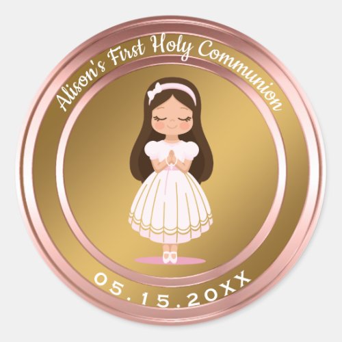 Girl First Holy Communion Pink Rose Gold Classic Round Sticker