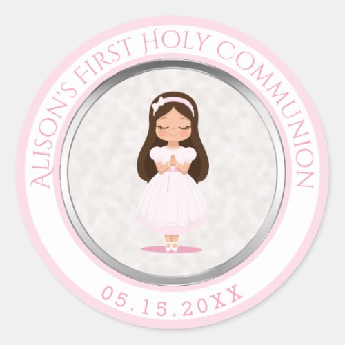 Girl First Holy Communion Pink Silver Classic Round Sticker
